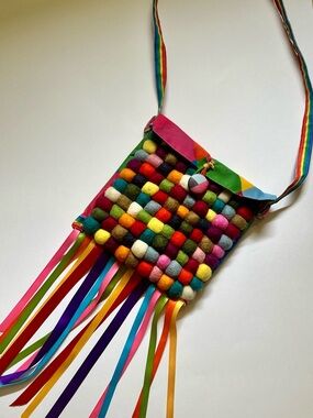 Handmade Rainbow Patchwork Crossbody Bag | Boho Pom Pom Fringe Festival Purse
